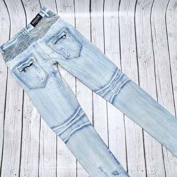 Men’s Balmain Light Blue Destroyed And Ribbed Biker Jeans Size 32x33 - Picture 6 of 9